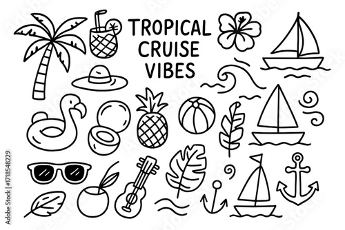 Tropical Cruise Icons. Hand-drawn doodle illustration Tropical Cruise Vibes palm tree, pineapple drink, sun hat, tropical flower, ocean wave, sailboat,
