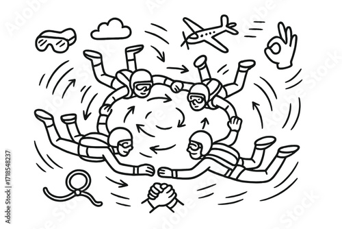 Skydiving Team Formation. Hand-drawn doodle illustration skydiving team formation group of skydivers, circle formation, linked arms, air flow, cloud, plane,