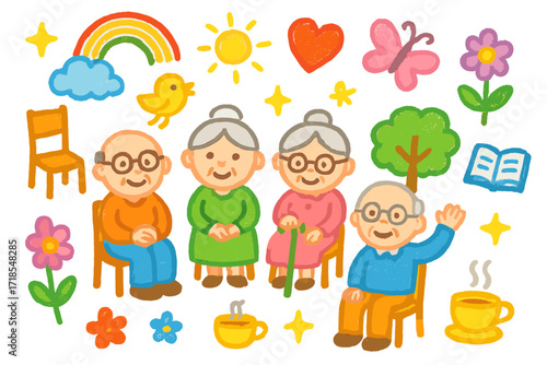 Elders' Joyful Gathering. Colorful Hand-drawn doodle Children illustration Community of Elders group of elderly, chairs, heart, rainbow, sun, cloud, flower,