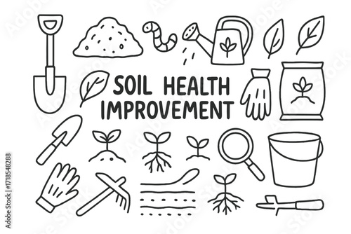 Garden Tools Doodle. Hand-drawn doodle illustration [soil health improvement] [shovel, compost pile, worm, plant seedling, watering can, fertilizer bag, leaf,