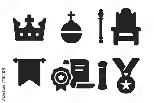 Symbols of Power. Solid, filled icon set of lord?s symbols of power: crown, orb, scepter, throne, banner, seal, scroll, medallion. Solid, filled icons in only
