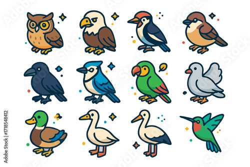 Colorful Bird Icons. Birds. Colorful isometric vector icons set of Birds: owl, eagle, woodpecker, sparrow, raven, blue jay, parrot, dove, duck, goose, stork,