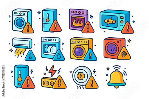 Home Appliance Alert Icons. Colorful isometric vector icons set of home appliance warning signs: washing machine alert, refrigerator temp warning, oven