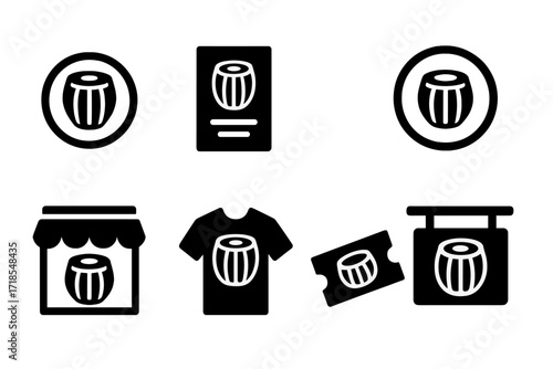 Tabla Icon Set. Solid, filled icon set of tabla commercial and branding: logo design, promotional flyer, brand badge, marketing poster, instrument shop,
