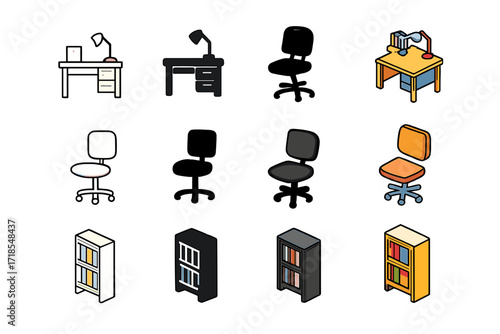 Colorful Home Office Icons. Icon Set of Quiet home office: desk with lamp, chair, bookshelf. Icons set in vector style, emblematic variations. Desk with lamp