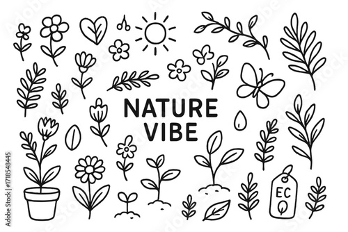 Nature Doodle Icons. Hand-drawn doodle illustration Nature vibe package design with flowers plants [flower, leaf, vine, sprout, potted plant, blossom, seed,