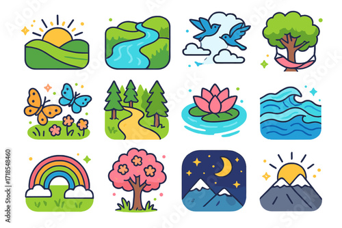 Nature Isometric Icons. Colorful isometric vector icons set of Nature and peaceful landscapes: sunrise over hills, tranquil river, birds in the sky, tree with