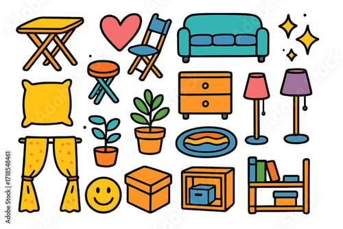 Colorful Doodle Furniture. Colorful Hand-drawn doodle Children illustration Foldable living furniture folding table, foldable chair, compact sofa, heart,