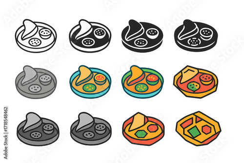 Ethiopian Injera Logo Set. Set Logo of Food culture and traditions: Ethiopian injera platter. Logo set in vector style, emblematic variations. line, bold thick