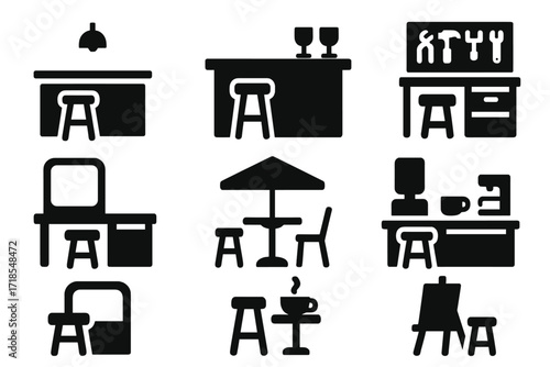 Stool Icon Grid. Solid, filled icon set of stool environments: kitchen island, bar counter, workshop, makeup table, patio, office break room, cafe, art studio.
