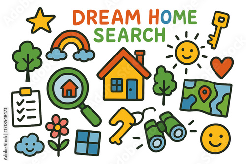 Dream Home Quest. Colorful Hand-drawn doodle Children illustration Dream Home Search [magnifying glass, house, key, star, rainbow, sun, map, binoculars, tree,