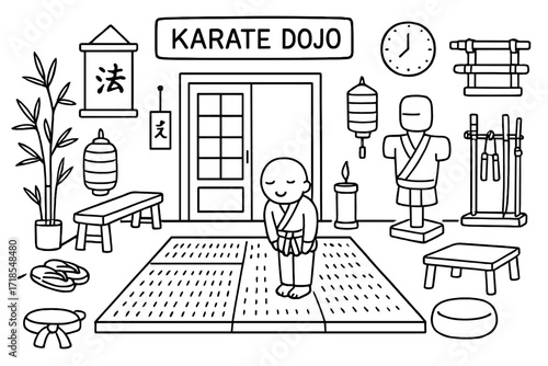 Karate Dojo Icons. Hand-drawn doodle illustration Karate Dojo [tatami mat, sliding door, hanging scroll, dojo sign, wooden bench, sandals, bamboo plant,