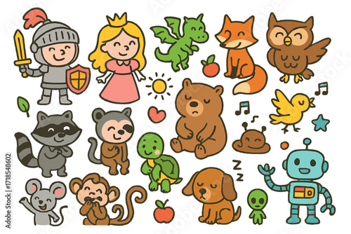 Whimsical Adventure Characters. Colorful Hand-drawn doodle Children illustration Book characters smiling knight, brave princess, tiny dragon, clever fox, wise