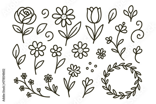 Floral Doodle Icons. Hand-drawn doodle illustration Floral graphic design trend [rose, daisy, tulip, petal, stem, floral swirl, garden icon, bouquet, blossom,