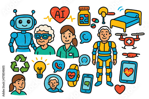 Future Elderly Care Innovations. Colorful Hand-drawn doodle Children illustration Future elderly care innovations [robot assistant, smart glasses, AI heart