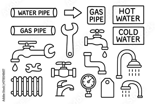 Plumbing Symbols Illustration. Hand-drawn doodle illustration Plumbing pipe labels water pipe, gas pipe, hot water label, cold water label, arrow tag, faucet,
