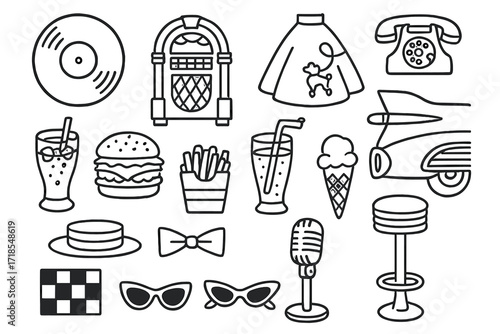 Retro Diner Icons. Hand-drawn doodle illustration 1950s American Diner vinyl record, jukebox, poodle skirt, retro phone, car tailfin, soda glass, hamburger,