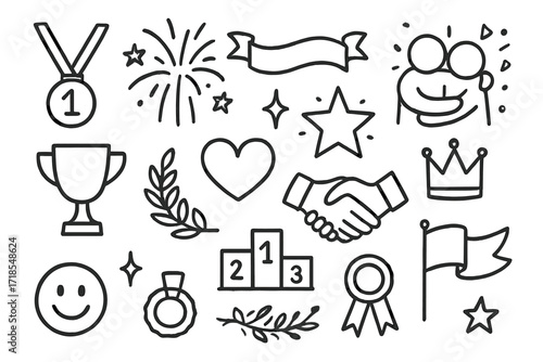 Triumphant Doodle Icons. Hand-drawn doodle illustration Moment of Triumph [trophy, medal, laurel wreath, hug, heart, handshake, star, sparkle, podium, ribbon,