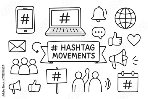 Social Media Symbols. Hand-drawn doodle illustration [Hashtag movements] [smartphone, laptop, hashtag, heart like, thumbs up, social media icons, chat bubble,