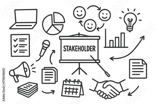 Presentation Doodle Icons. Hand-drawn doodle illustration stakeholder presentation projector screen, pie chart, bar graph, laptop, microphone, handshake,