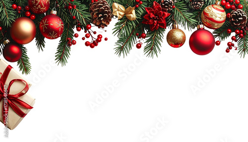 Christmas garland with ornaments, pine boughs, and a gift