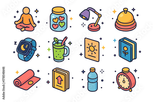 Self-Improvement Icons Grid. Colorful isometric vector icons set of Self-Improvement Icons: meditation pose, gratitude jar, reading lamp, mindfulness bell,