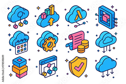 Colorful Cloud Icon Set. Colorful isometric vector icons set of cloud workload orchestration: cloud node, autoscaler icon, cloud functions icon, API gateway,