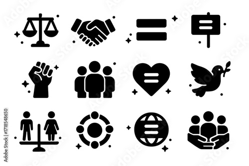 Icons of Equality. Social Equality. Solid icons set of justice scale, handshake, equality symbol, protest sign, raised fist, diverse group, heart with equal