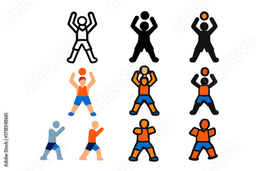 Athlete Warm-Up Logos. Set Logo of Athletes Warming Up: Basketball player jumping jacks. Logo set in vector style, emblematic variations. line, bold thick