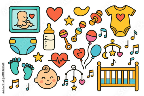 Baby-Themed Doodle Bliss. Colorful Hand-drawn doodle Children illustration Baby heartbeat ultrasound monitor, tiny heart, baby onesie, pacifier, diaper, baby