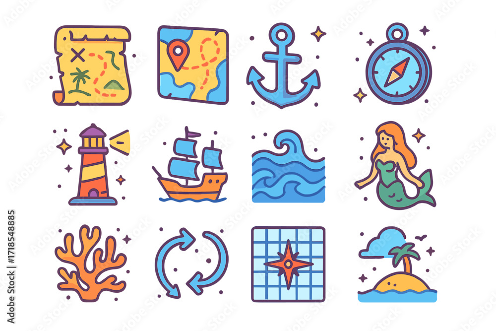 Fototapeta premium Nautical Isometric Icons. Colorful isometric vector icons set of Nautical and sea maps: treasure map, ship route lines, anchor icon, deep-sea compass, ancient