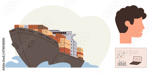 Cargo ship loaded with containers on water, side profile of a persons head, and a data chart with graphs. Ideal for logistics, shipping, trade, analytics, economy delivery transportation. Simple