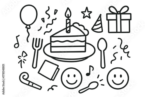 Birthday Celebration Doodles. Hand-drawn doodle illustration birthday pie slice candle, pie slice, fork, balloon, confetti, party hat, gift box, napkin, plate,