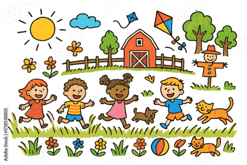 Farmyard Fun Adventure. Colorful Hand-drawn doodle Children illustration Children playing and running through tall grass on a farm children running, tall