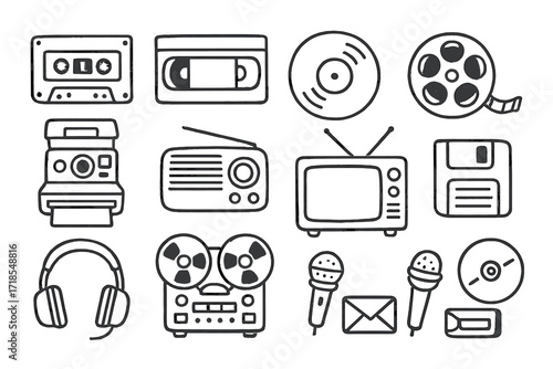 Retro Media Icons. Hand-drawn doodle illustration Old Media Devices [cassette tape, VHS tape, vinyl record, film reel, Polaroid camera, radio, CRT TV, floppy