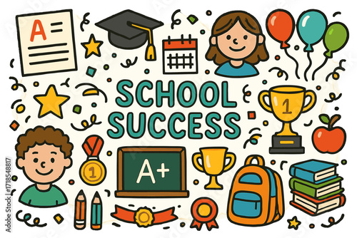 School Success Celebration. School Success. Colorful Hand-drawn doodle Children illustration School Success report card, gold star, chalkboard, graduation cap,