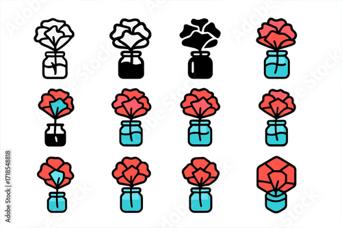 Tissue Flower Logos. Set Logo of Kids Making Tissue Paper Flowers: Tissue flower in a glass jar. Logo set in vector style, emblematic variations. line, bold