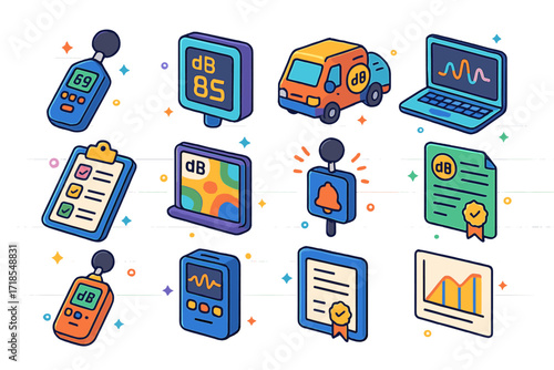 Noise Level Icons. Colorful isometric vector icons set of noise level testing and monitoring: portable sound level meter, fixed decibel monitor, mobile