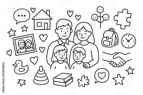 Family Connections Doodle. Hand-drawn doodle illustration Emotional bonds within family, parents, children, hearts, house, family tree, photo frame, puzzle