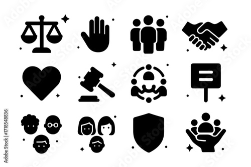 Fairness Icon Set. Fairness. Solid icons set of balanced scale, open hand, group of people, handshake, heart, justice hammer, inclusive circle, equality