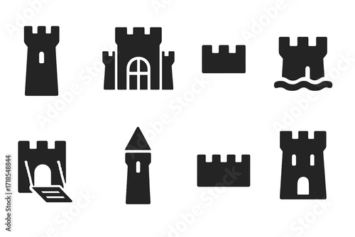 Castle Icons Grid. Solid, filled icon set of castle architecture: tower, gatehouse, battlement, moat, drawbridge, turret, wall, keep. Solid, filled icons in