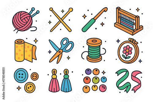 Craft Supply Icons. Craft Supplies. Colorful isometric vector icons set of Craft Supplies: yarn ball, knitting needles, crochet hook, loom, fabric roll,