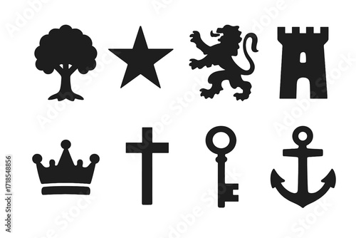 Black Family Crests Grid. Solid, filled icon set of family crest symbols: tree, star, lion, tower, crown, cross, key, anchor. Solid, filled icons in only black