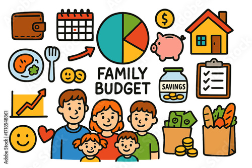 Family Budget Icons. Colorful Hand-drawn doodle Children illustration Family Budget Planning pie chart, wallet, family, calendar, piggy bank, home, checklist,