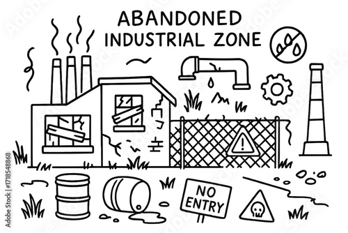 Abandoned Industrial Doodle. Hand-drawn doodle illustration [Abandoned industrial zone] [factory, broken pipe, boarded window, cracked wall, overgrown weeds,