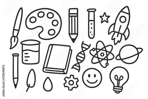 Creativity and Science Icons. Hand-drawn doodle illustration Creative art and science kits [paintbrush, palette, pencil, beaker, test tube, DNA strand, star,