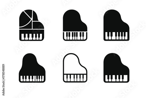 Grand Piano Logos. music legend. Set Logo of music legend: grand piano silhouette. harmonious logo variations of the same emblematic concept, each with