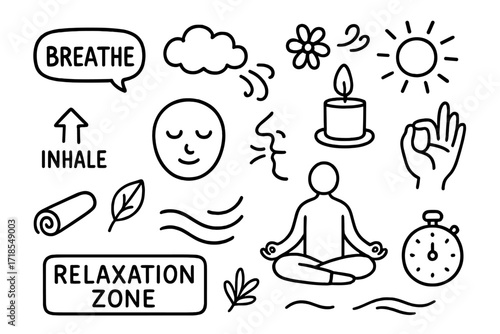 Relaxation Doodle Art. Hand-drawn doodle illustration relaxation techniques breathing bubble, cloud, candle, calm face, breath wave, flower, inhale arrow,
