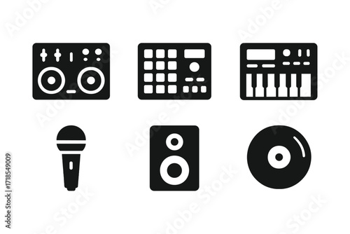 Hip Hop Instrument Icons. Solid, filled icon set of hip hop instruments: DJ mixer, drum machine, sampler, synthesizer, keyboard, microphone, speaker, record