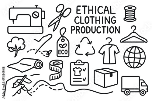 Eco Clothing Icons. Hand-drawn doodle illustration Ethical clothing production, sewing machine, scissors, thread spool, hand stitching, fabric roll, measuring